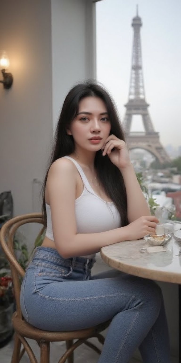 A medium shot of a stunning young woman with long black hair, delicately beautiful, wearing a white blouse, jeans, and black boots, sipping coffee in a simple café with a view of the Eiffel Tower in Paris, capturing a serene ambiance with the city’s morning light illuminating the scene, shot with a Sony A7R IV, 50mm f/1.4 lens, featuring soft, warm tones。By 007,berli