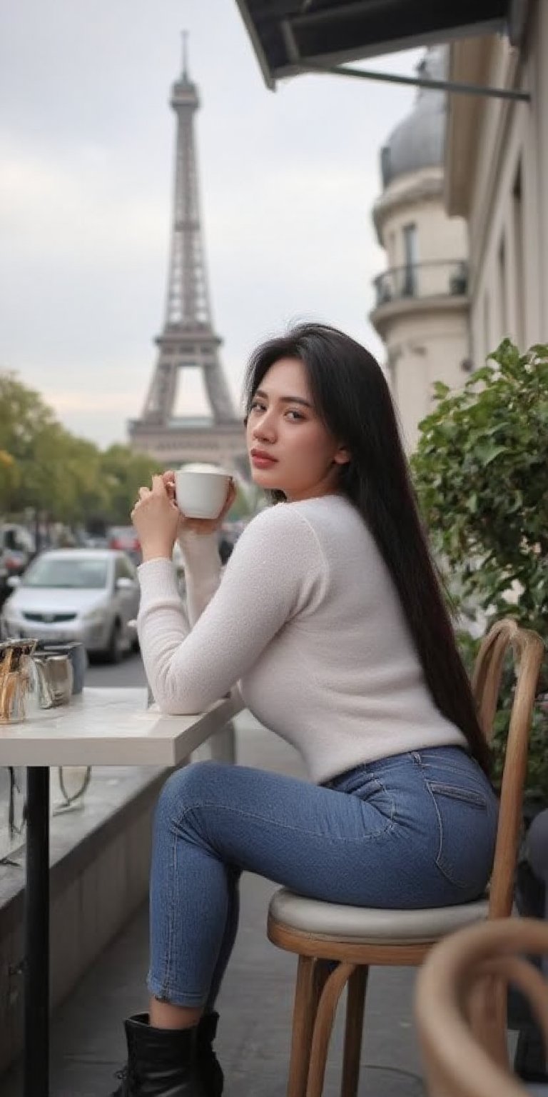 A medium shot of a stunning young woman with long black hair, delicately beautiful, wearing a white blouse, jeans, and black boots, sipping coffee in a simple café with a view of the Eiffel Tower in Paris, capturing a serene ambiance with the city’s morning light illuminating the scene, shot with a Sony A7R IV, 50mm f/1.4 lens, featuring soft, warm tones。By 007,berli