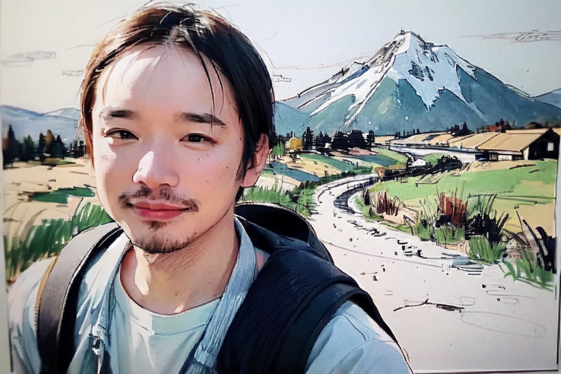 solo, looking at viewer, black hair, 1boy, closed mouth, upper body, male focus, summit, landscape, mountain range, clear sky,  backpack, windbreaker, traditional media, facing viewer, realistic, rnhg ,sketch art,watercolor,rha30,fujimotostyle, (Thinning hair baldness)