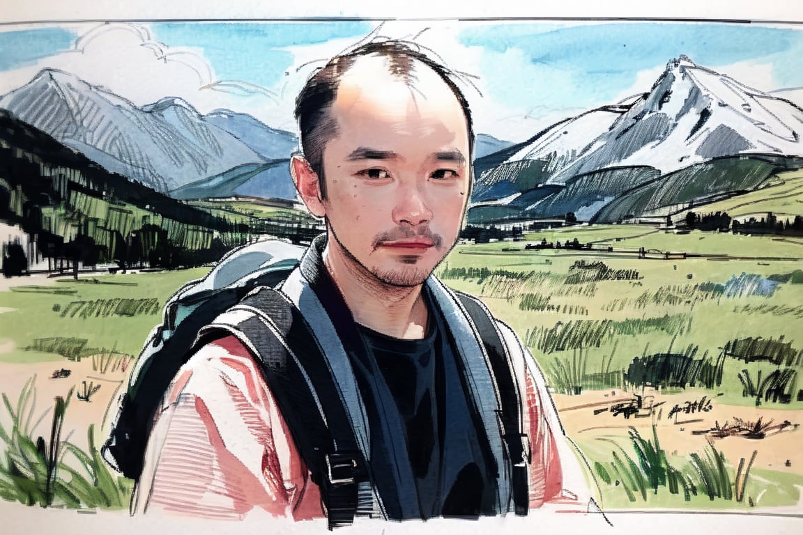 solo, looking at viewer, black hair, 1boy, closed mouth, upper body, male focus, summit, landscape, mountain range, clear sky,  backpack, windbreaker, traditional media, facing viewer, realistic, rnhg ,sketch art,watercolor,rha30,fujimotostyle, (Thinning hair baldness)