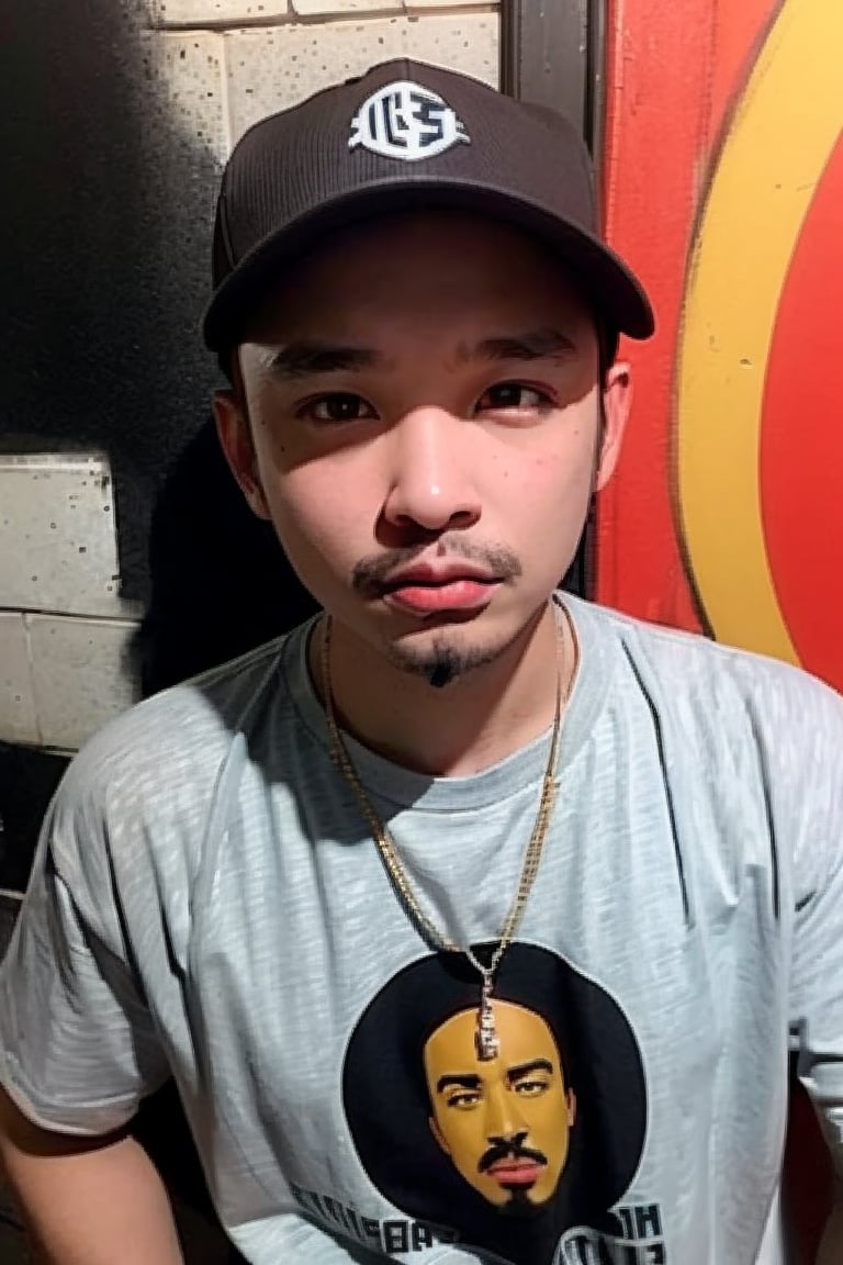 1boy, solo, brown eyes, portrait, rnhg, Hip Hop, Graphic T-shirt, Gold Chains, Baseball Cap, Urban Graffiti Background, Confident Pose, Street Art