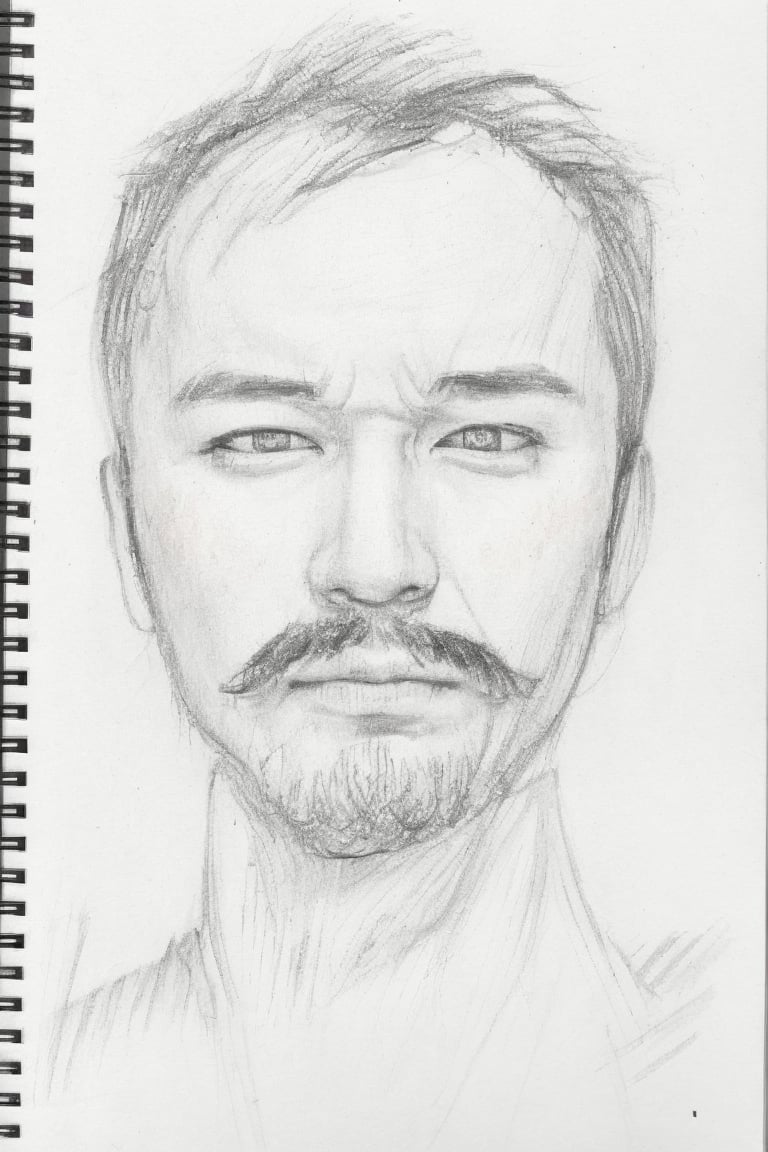 1 boy, looking at the viewer, shirt, black hair, 1 boy, closed mouth, white shirt, male focus, gray background, black eye, lips, facial hair, portrait, beard, realistic, moustache, grayscale, monochrome,advanced details,sketch,drawing,(sketch:1.5)), pencil speed drawing works, greyscale,sketch paint,ClrSkt