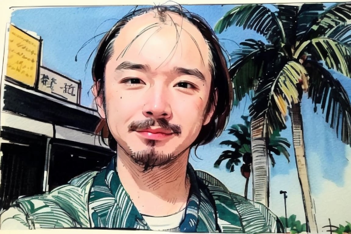 solo, looking at viewer, black hair, 1boy, closed mouth, upper body, male focus,, aloha shirt, palm trees, sandy beach, traditional media, facing viewer, realistic, rnhg ,sketch art,watercolor,rha30,fujimotostyle, (Thinning hair baldness)