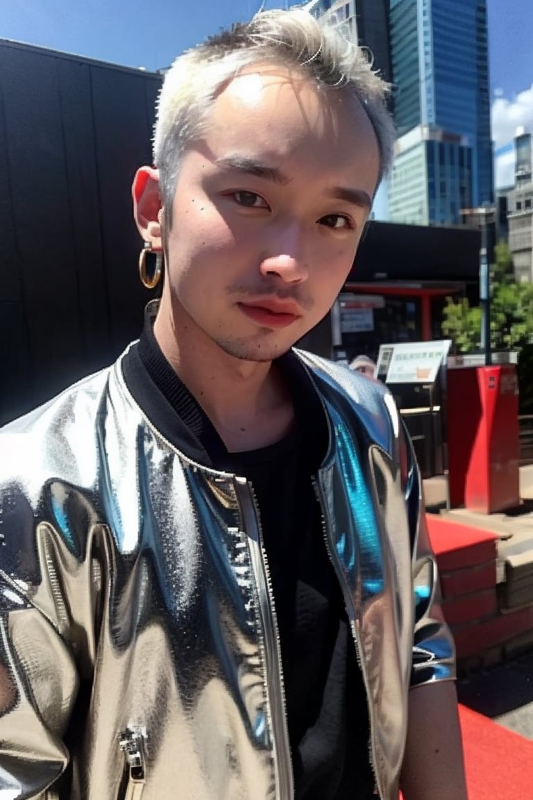 1boy, solo, brown eyes, lips, portrait,  wide forehead, rnhg , platinum blonde hair, sleek undercut, metallic bomber jacket, fingerless gloves, bold earrings, high-tech cityscape