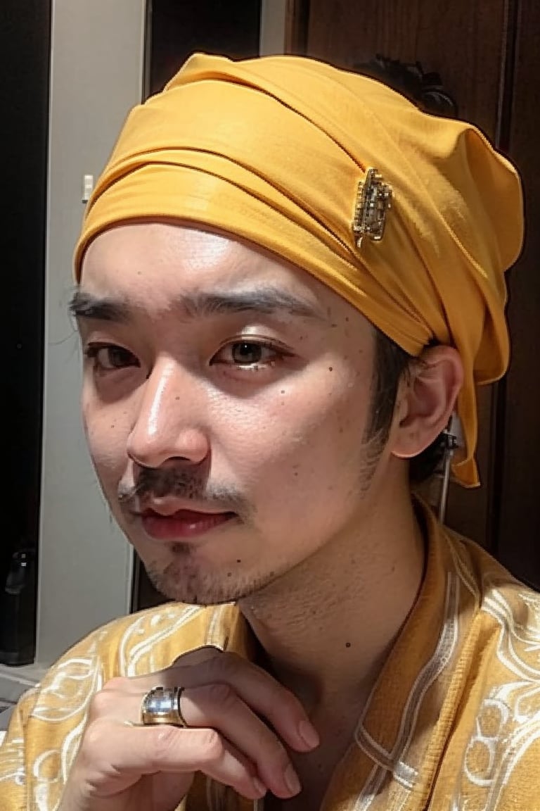 1boy, solo, brown eyes, lips, portrait,  wide forehead, rnhg , yellow headscarf, traditional attire, embroidered robe, ornate jewelry, rings, cultural, exotic, historical, regal, vibrant colors, ceremonial