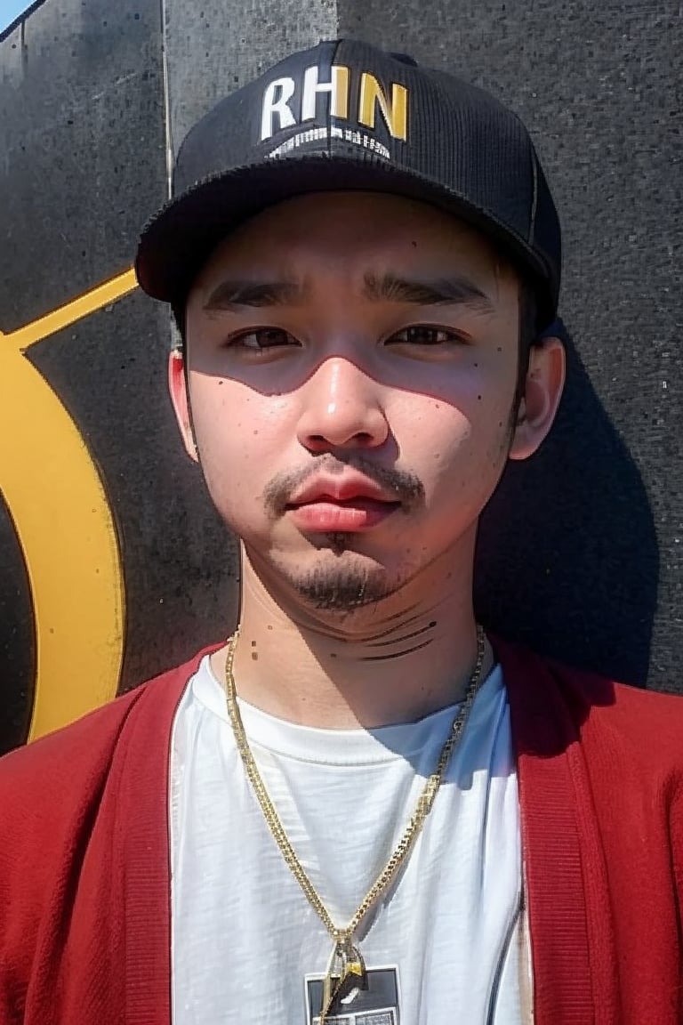 1boy, solo, brown eyes, lips, portrait, rnhg, Hip Hop, Graphic T-shirt, Gold Chains, Baseball Cap, Urban Graffiti Background, Confident Pose, Street Art