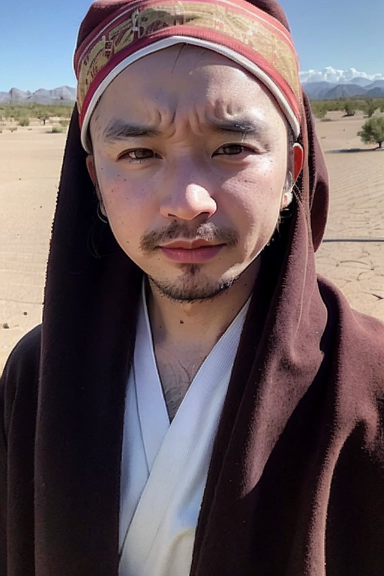 1boy, solo, brown eyes, lips, portrait,  wide forehead, rnhg , A man wearing a headscarf, traditional, cultural, ornate patterns, flowing robes, rich colors, intricate embroidery, desert, rugged, confident, timeless, ancient