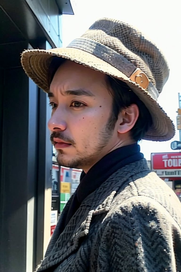 man, Portrait, hunting hat, vintage style, tweed jacket, retro background, black and white photography style, old streetscape, natural light