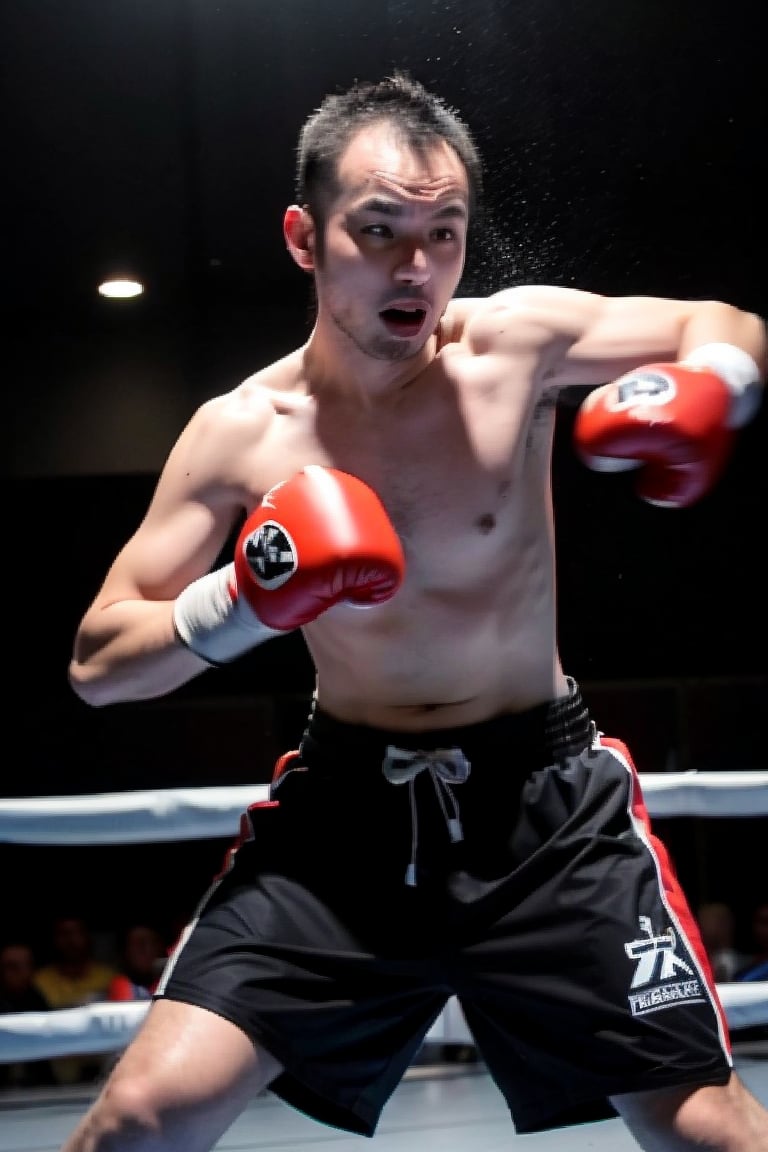 1boy, solo, brown eyes, portrait, rnhg, male kickboxer, muscular, fighting stance, intense expression, boxing gloves, shorts, sweat, action pose, gym background, dynamic lighting, motion blur, (Thinning hair baldness)