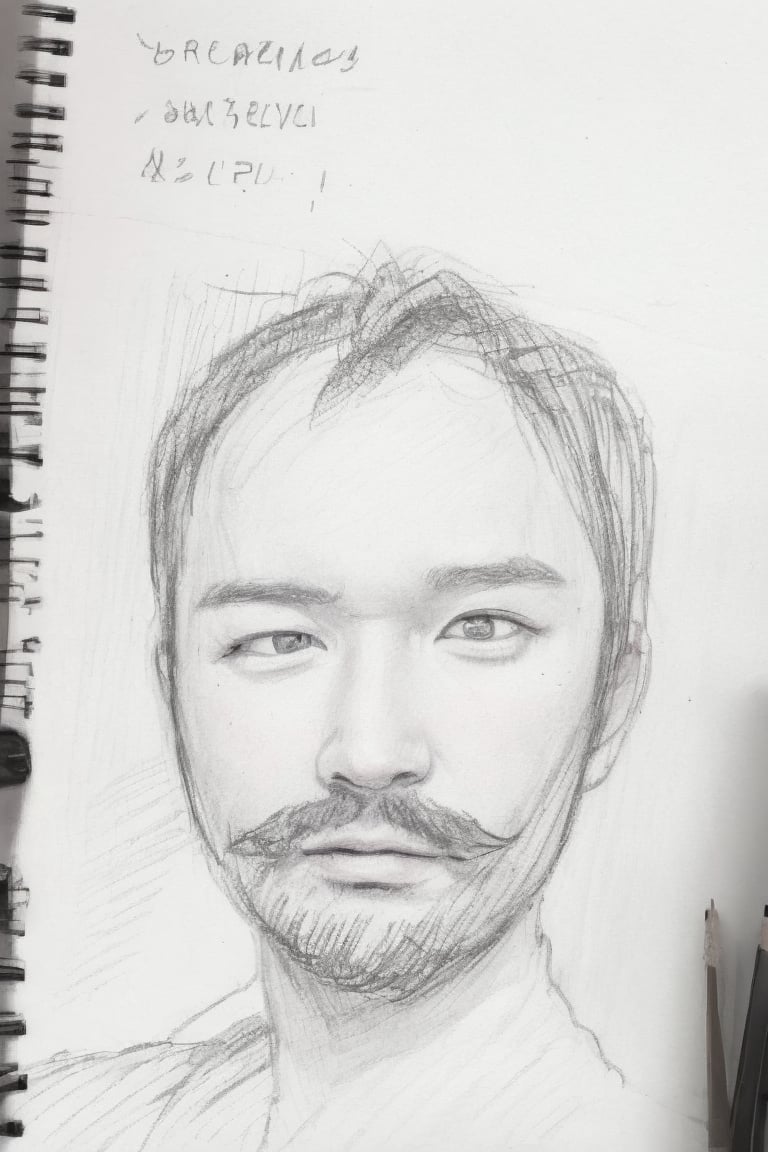 1 boy, looking at the viewer, shirt, black hair, 1 boy, closed mouth, white shirt, male focus, gray background, black eye, lips, facial hair, portrait, beard, realistic, moustache, grayscale, monochrome,advanced details,sketch,drawing,(sketch:1.5)), pencil speed drawing works, greyscale