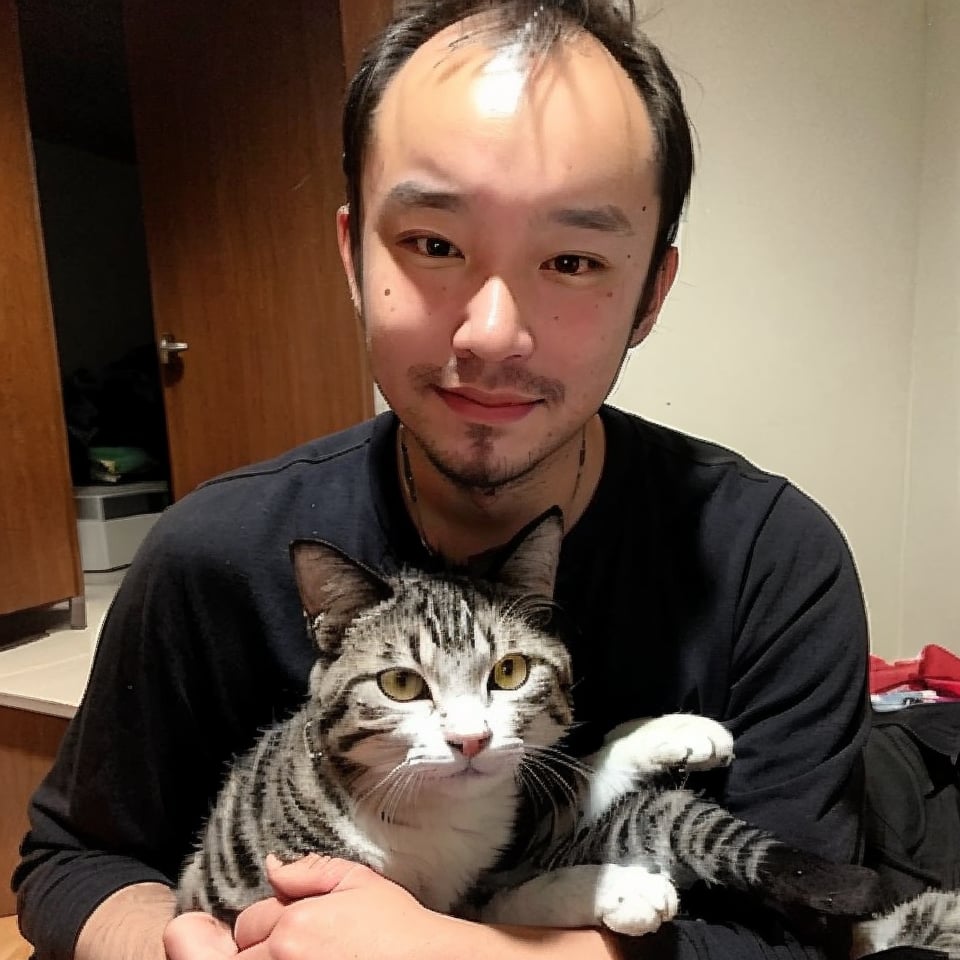 1boy, solo, brown eyes, portrait, rnhg, hugging a cat to his chest with both hands. (Thinning hair baldness)