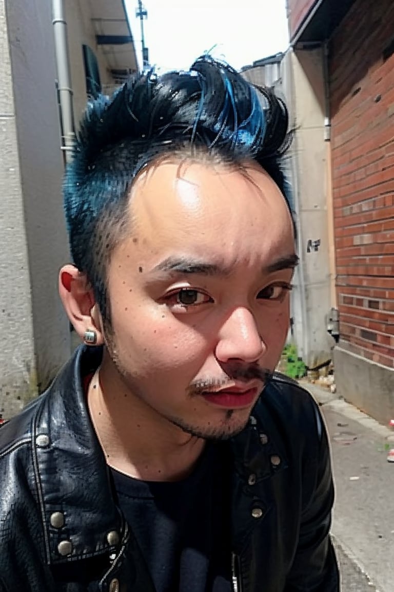 1boy, solo, brown eyes, lips, portrait,  wide forehead, rnhg , neon blue hair, dramatic mohawk, black leather jacket, colorful patches, studs, bold rings, nose piercing, graffiti-covered alleyway