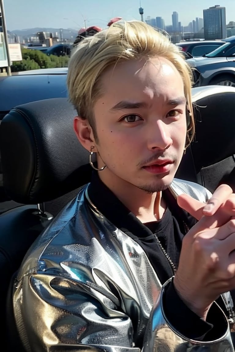 1boy, solo, brown eyes, lips, portrait,  wide forehead, rnhg , platinum blonde hair, sleek undercut, metallic bomber jacket, fingerless gloves, bold earrings, high-tech cityscape