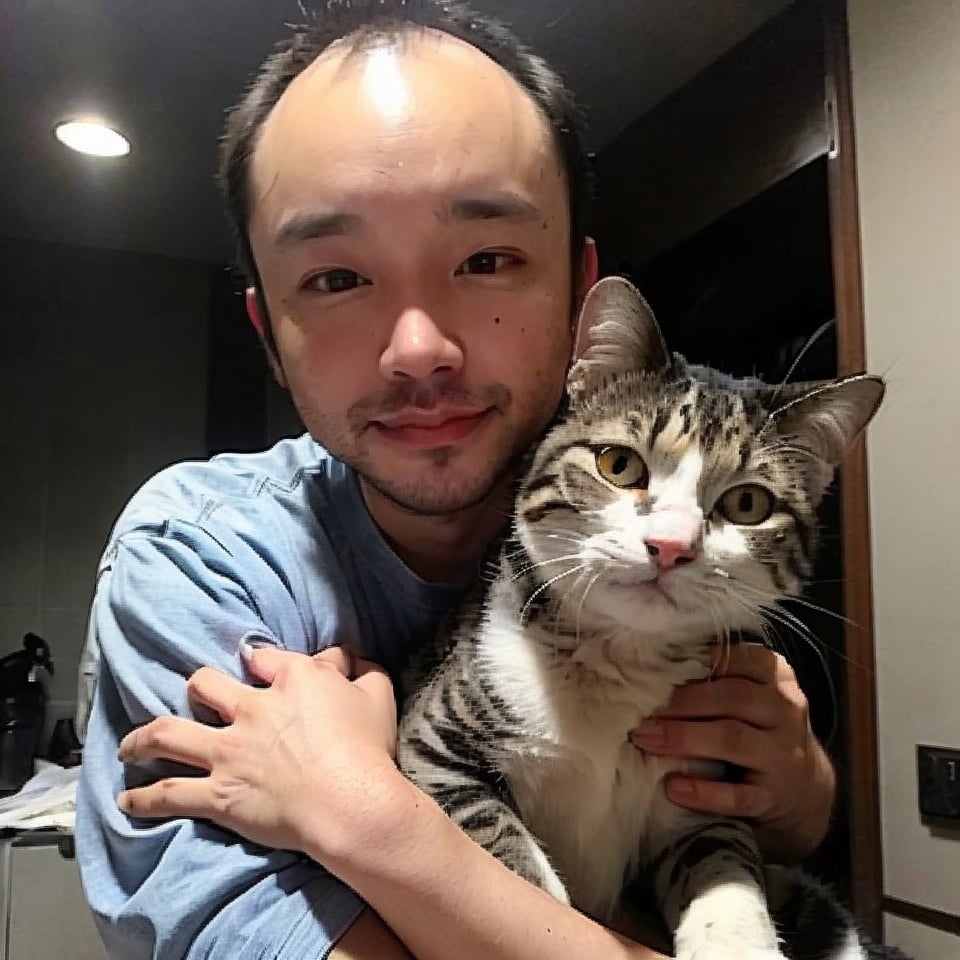 1boy, solo, brown eyes, portrait, rnhg, hugging a cat to his chest with both hands. (Thinning hair baldness), 