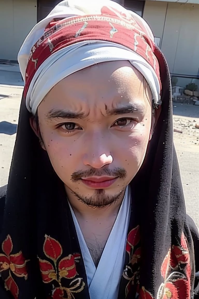 1boy, solo, brown eyes, lips, portrait,  wide forehead, rnhg , A man wearing a headscarf, traditional, cultural, ornate patterns, flowing robes, rich colors, intricate embroidery, desert, rugged, confident, timeless, ancient