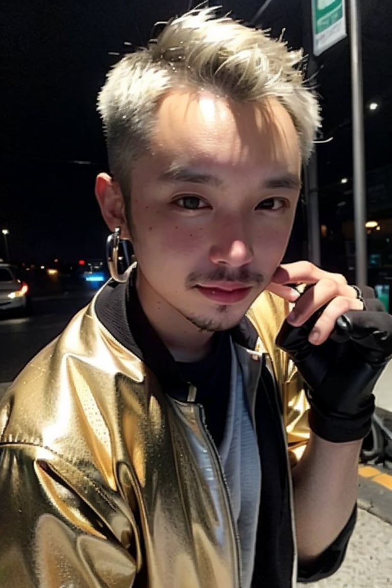 1boy, solo, brown eyes, lips, portrait,  wide forehead, rnhg , platinum blonde hair, sleek undercut, metallic bomber jacket, fingerless gloves, bold earrings, high-tech cityscape