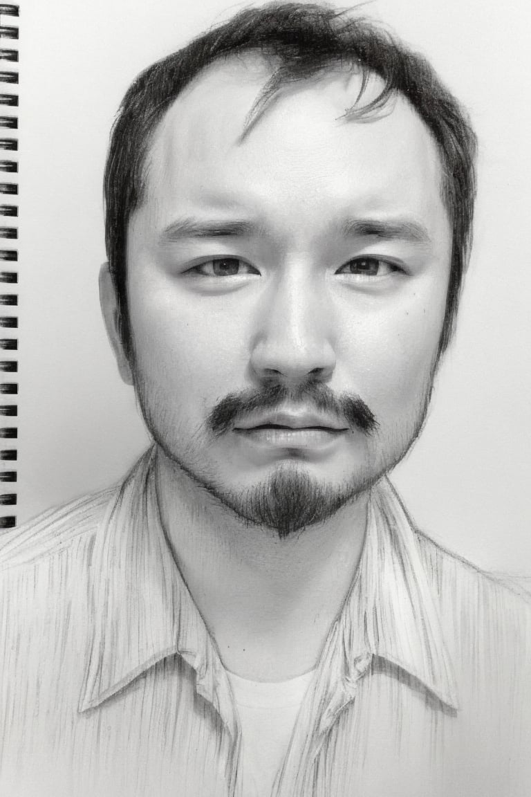 1 boy, looking at the viewer, shirt, black hair, 1 boy, closed mouth, white shirt, male focus, gray background, black eye, lips, facial hair, portrait, beard, realistic, moustache, grayscale, monochrome,advanced details,sketch,drawing,(sketch:1.5)), pencil speed drawing works, greyscale,sketch paint,ClrSkt