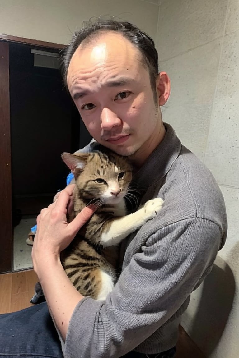 1boy, solo, brown eyes, portrait, rnhg, hugging a cat to his chest with both hands. (Thinning hair baldness),karaokeroom