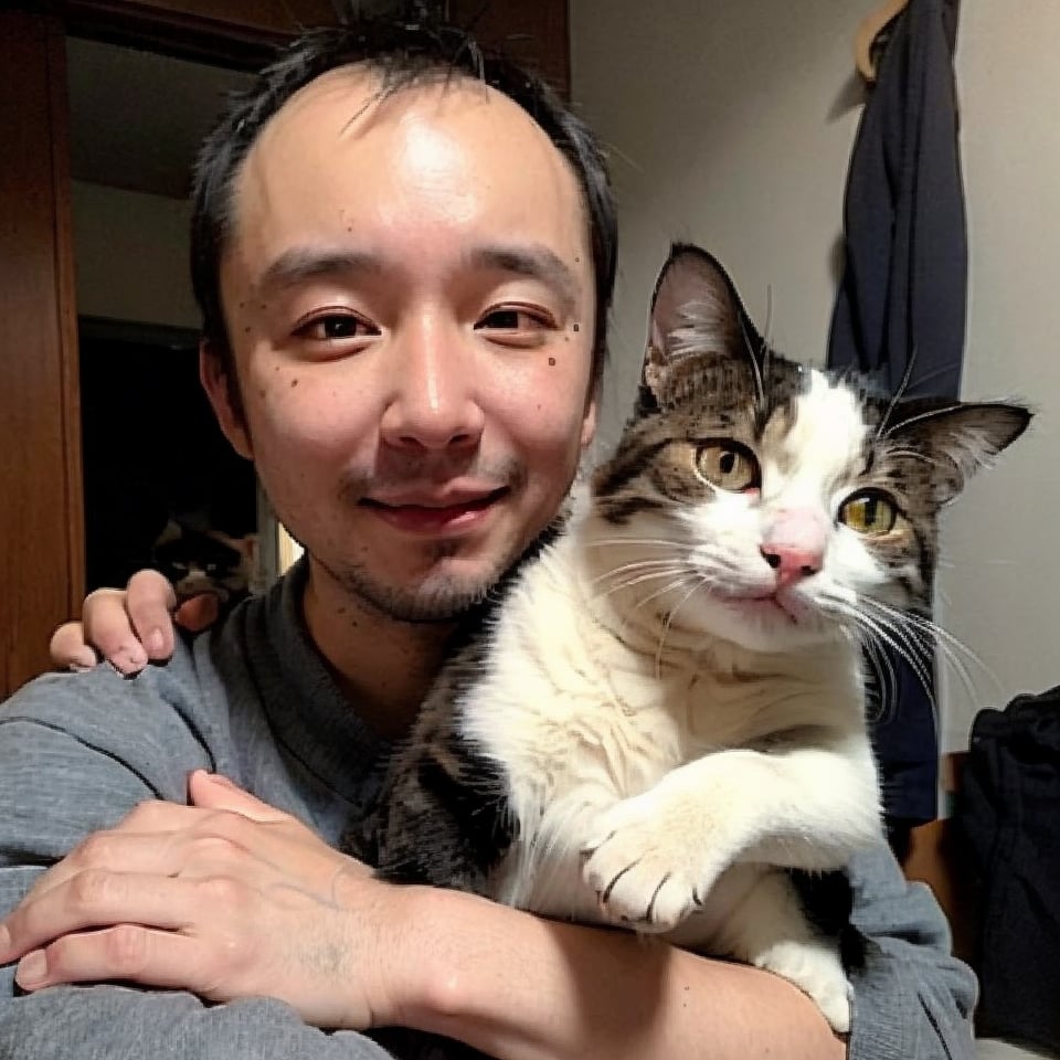 1boy, solo, brown eyes, portrait, rnhg, hugging a cat to his chest with both hands. (Thinning hair baldness)