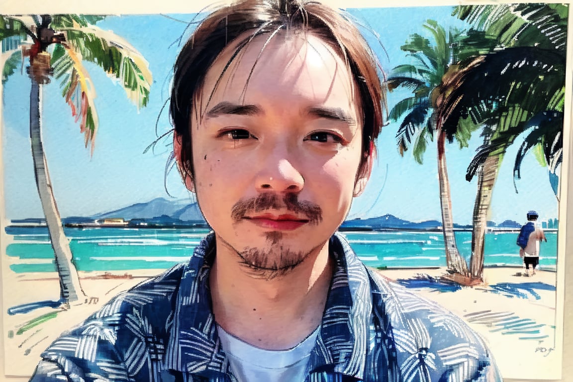 solo, looking at viewer, black hair, 1boy, closed mouth, upper body, male focus,, aloha shirt, palm trees, sandy beach, traditional media, facing viewer, realistic, rnhg ,sketch art,watercolor,rha30,fujimotostyle, (Thinning hair baldness)