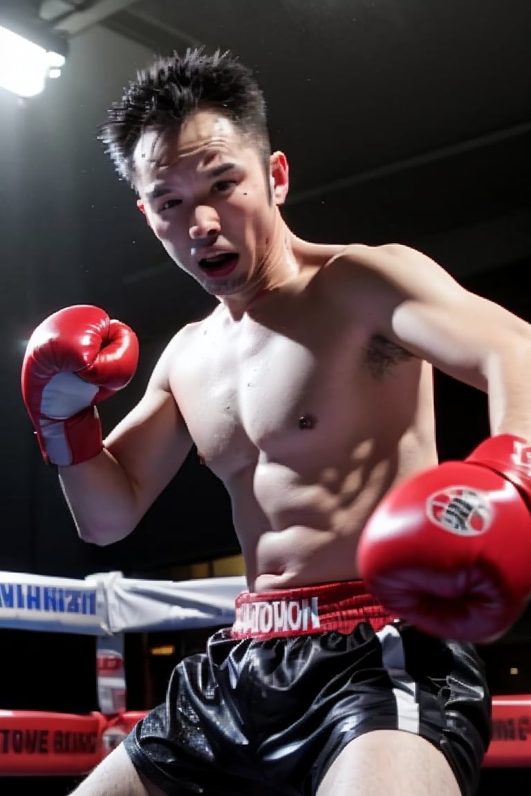 1boy, solo, brown eyes, portrait, rnhg, male kickboxer, muscular, fighting stance, intense expression, boxing gloves, shorts, sweat, action pose, gym background, dynamic lighting, motion blur, (Thinning hair baldness)