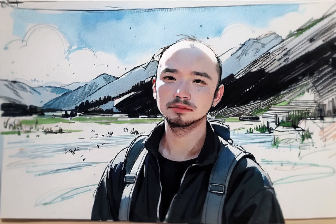 solo, looking at viewer, black hair, 1boy, closed mouth, upper body, male focus, summit, landscape, mountain range, clear sky,  backpack, windbreaker, traditional media, facing viewer, realistic, rnhg ,sketch art,watercolor,rha30,fujimotostyle, (Thinning hair baldness)