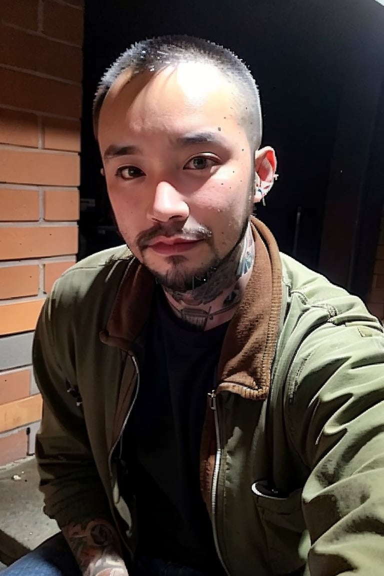 1boy, solo, brown eyes, portrait, rnhg, 
buzz cut, tattooed scalp, full beard, military jacket, ear piercings, chain wallet, knuckle tattoos,