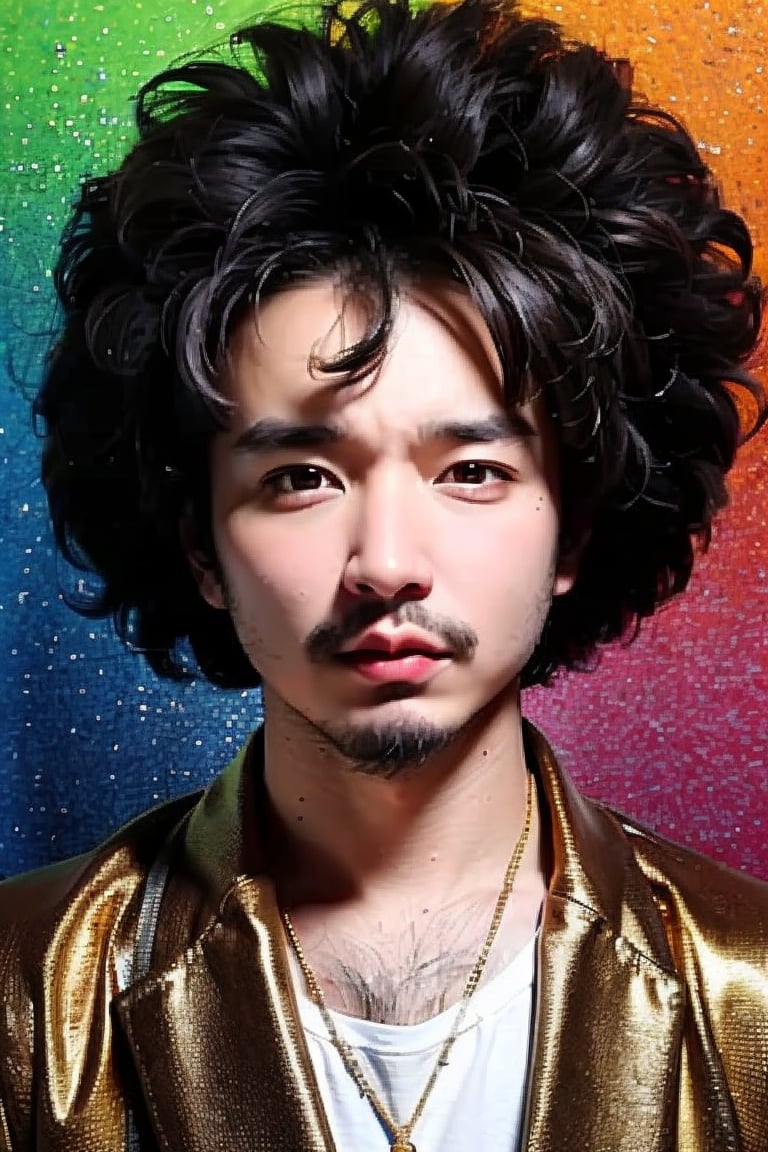 1boy, solo, brown eyes, lips, portrait, rnhg, ((afro-hair)), Retro, Colorful Shirt, Gold Necklace, 70s Vibe, Funky, Disco Background, Frizzy hair