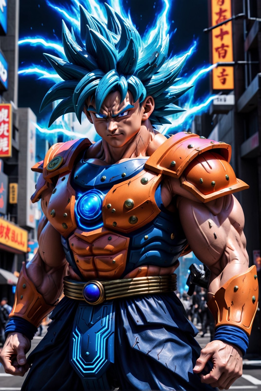 Super detailed live-action Dragon Ball Goku, strong exaggerated body, surrounded by blue energy, wearing armor, cyberpunk city, movie environment.