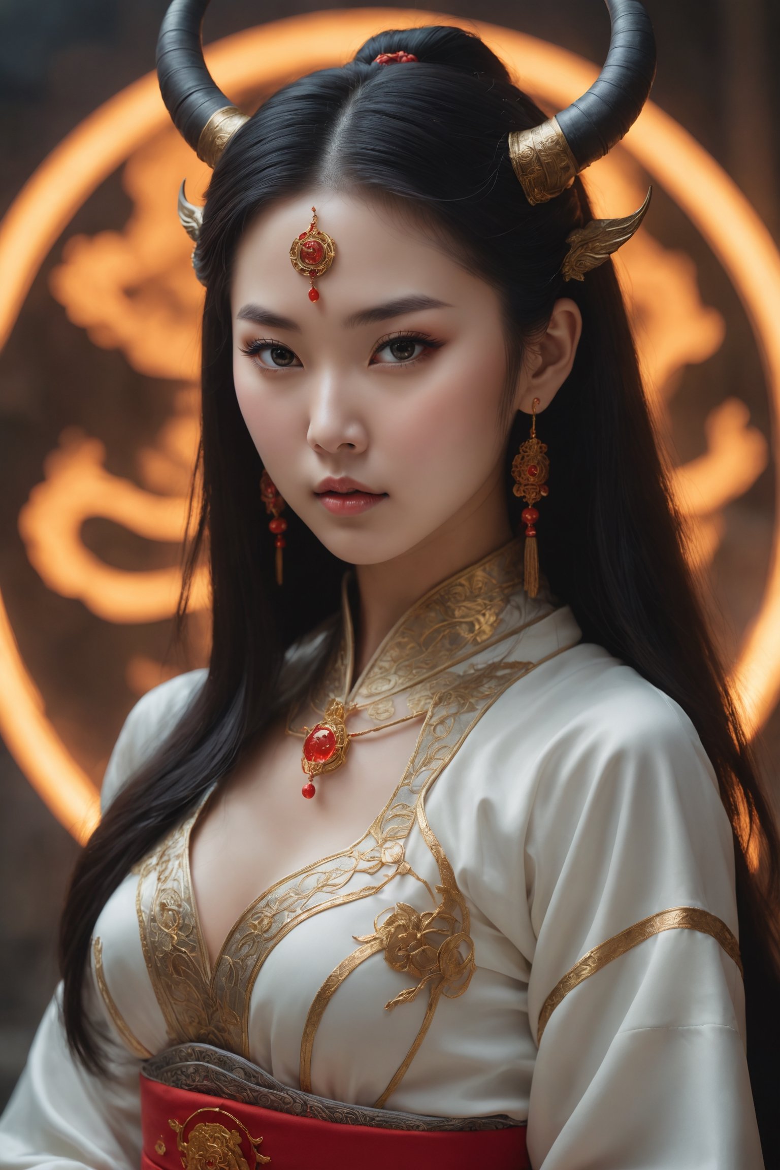 close-up shot with (aerial view):1.8, kneeling pose, look at camera, hyperrealistic, most remarkable elegant demon princess kneeling on a buring magic circle, hanfu:1.25, ethereal glamorous beautiful face, (bright eyes):1.3, (profound facial features):1.32, Chinese girl