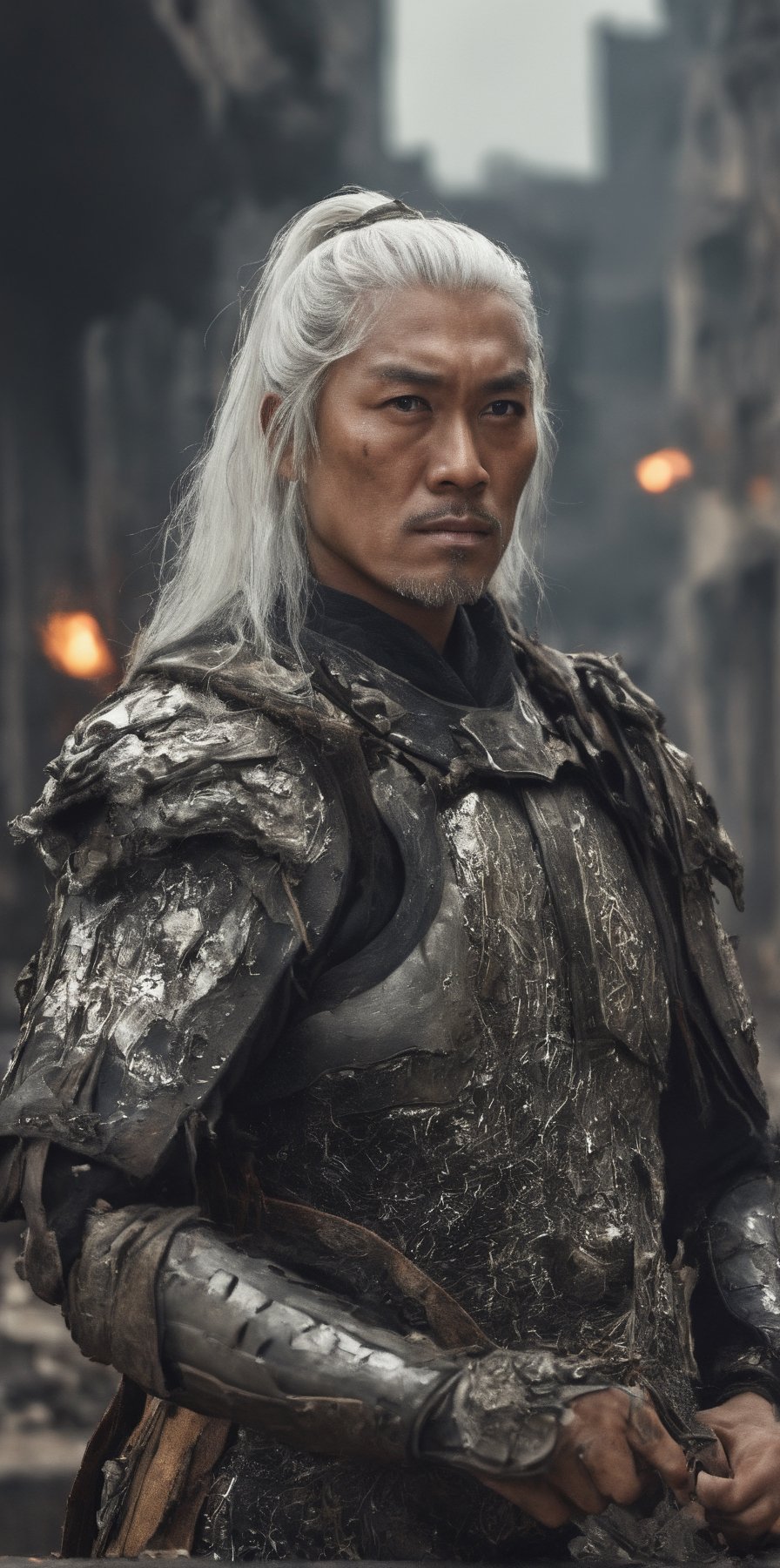 masterpiece, Indonesian man white hair, with a sharp gaze, messy, shabby, torn, Sparks, light focuses on an object , destroyed city background, gothic vibes, intricate detail, depth of field, ultrasharp, 4k, Chinese_armor,more detail XL