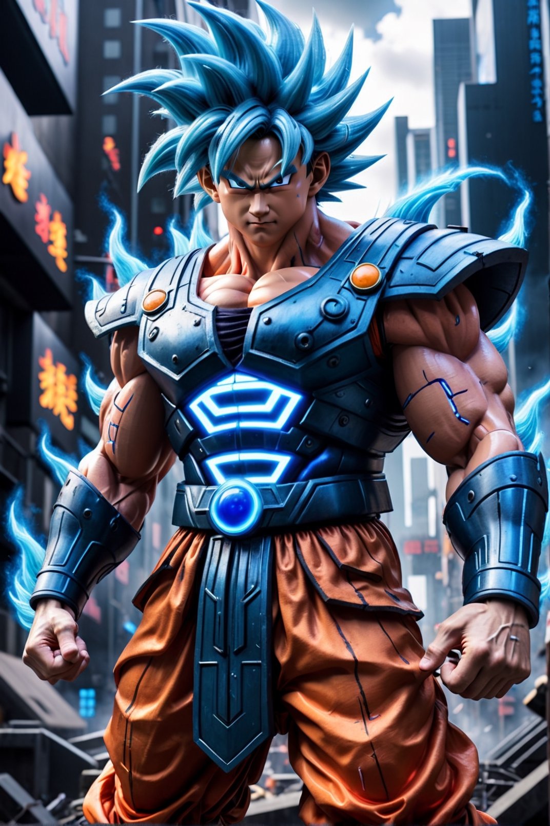 Super detailed live-action Dragon Ball Goku, strong exaggerated body, surrounded by blue energy, wearing armor, cyberpunk city, movie environment.