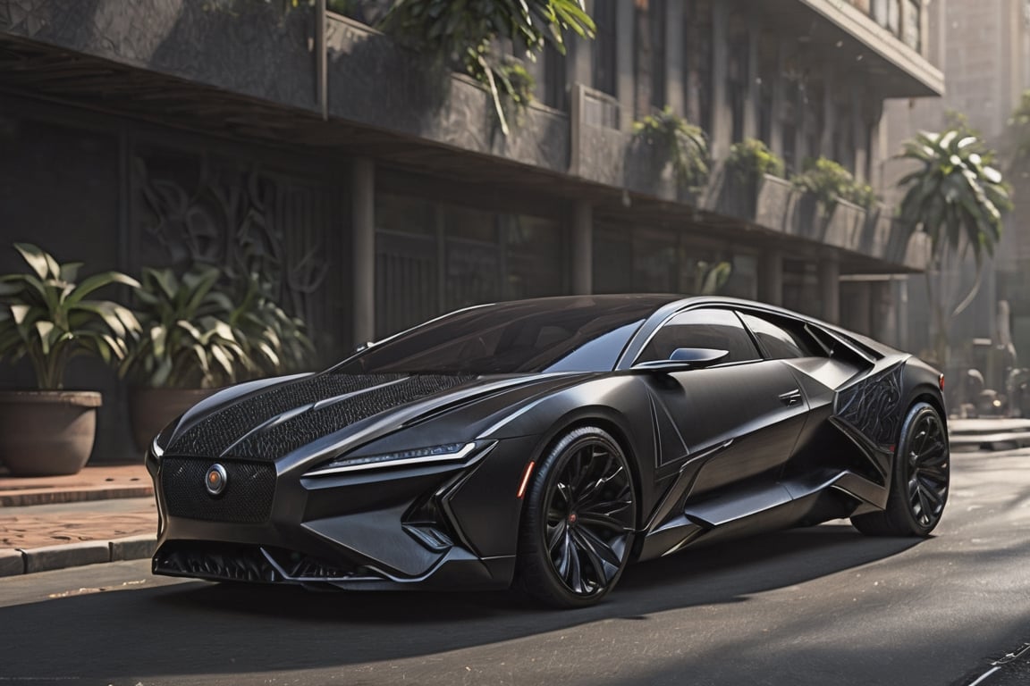 Imagine Black Panther transformed into a sleek and formidable car,  its body coated in vibranium-like armor,  exuding an a...