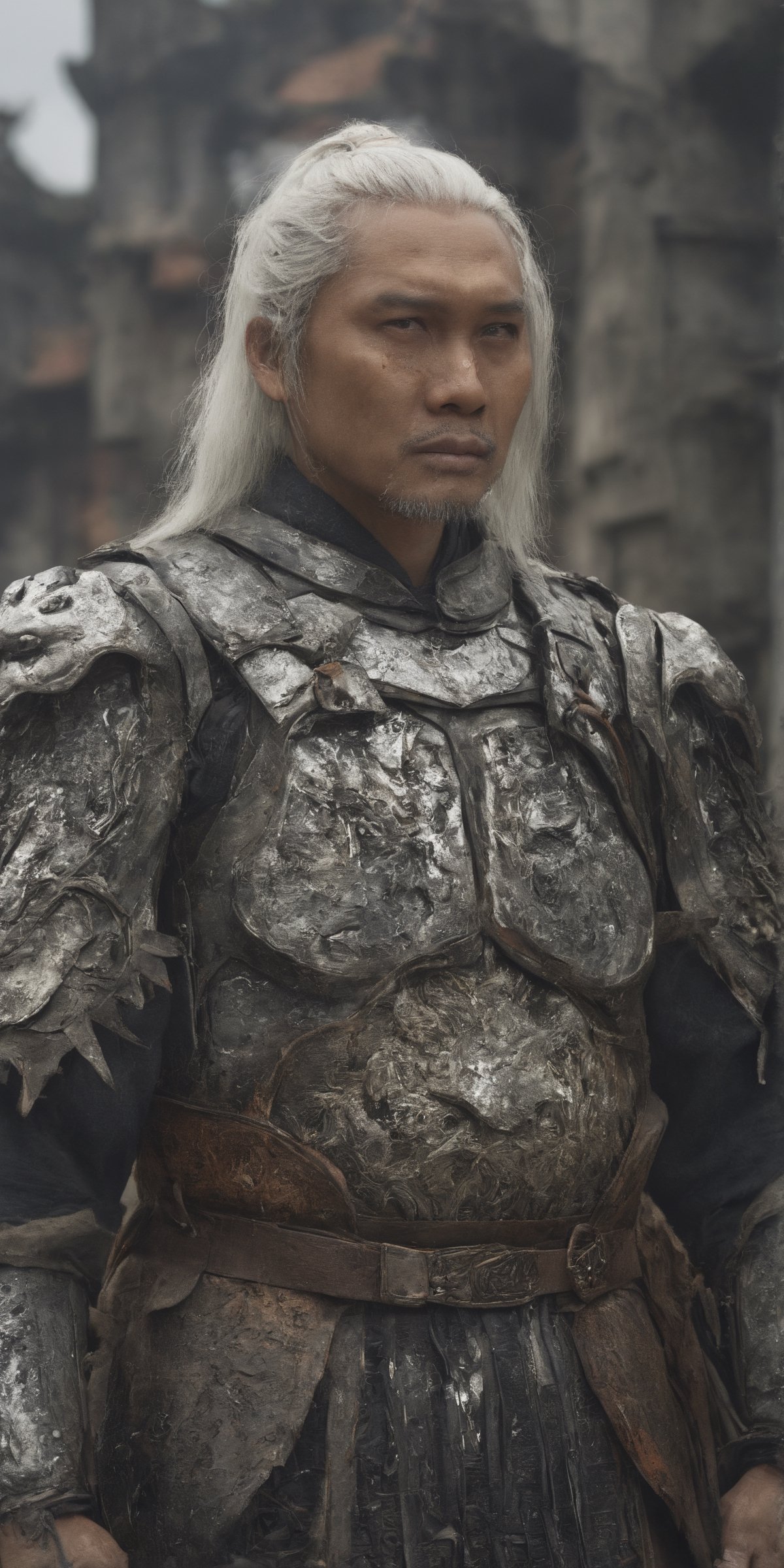 masterpiece, Indonesian man white hair, with a sharp gaze, messy, shabby, torn, Sparks, light focuses on an object , destroyed city background, gothic vibes, intricate detail, depth of field, ultrasharp, 4k, Chinese_armor,more detail XL