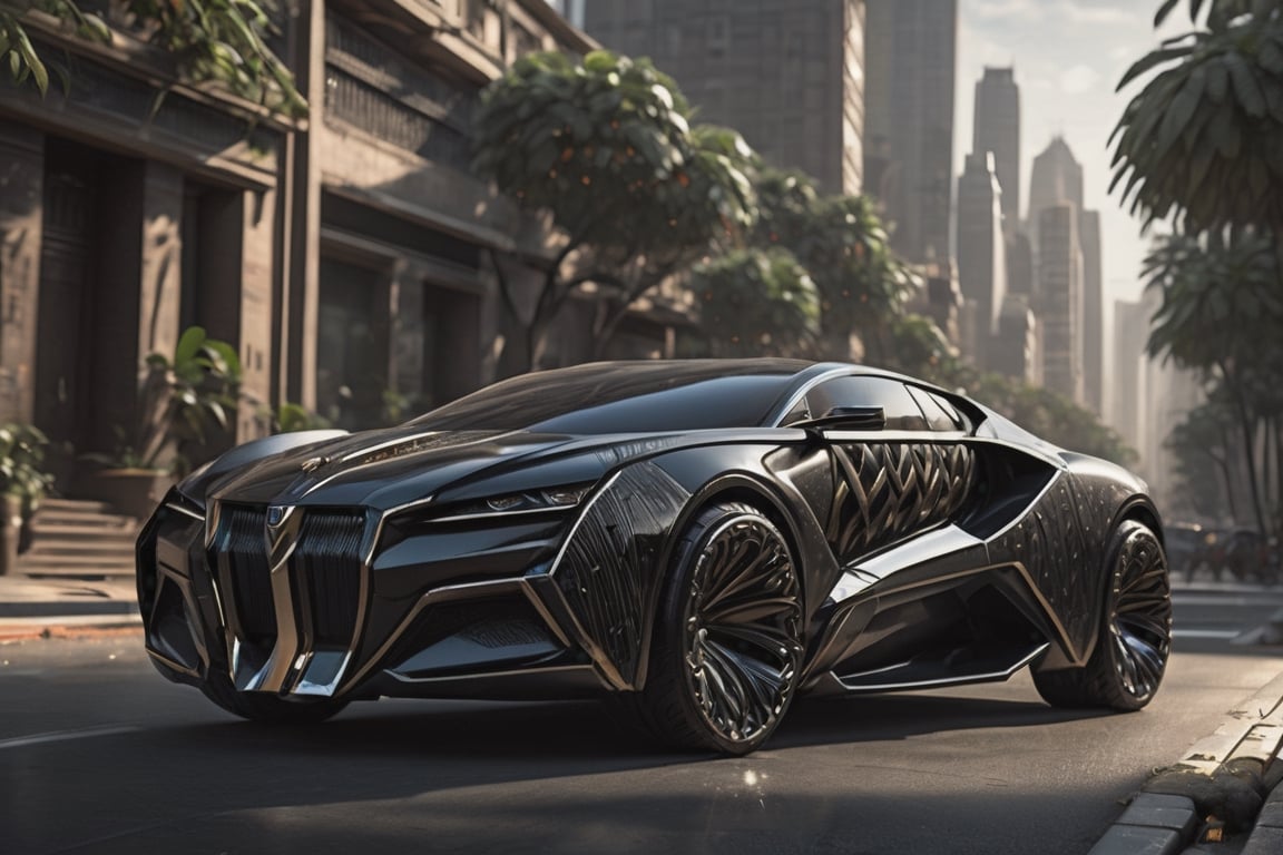 Imagine Black Panther transformed into a sleek and formidable car,  its body coated in vibranium-like armor,  exuding an a...