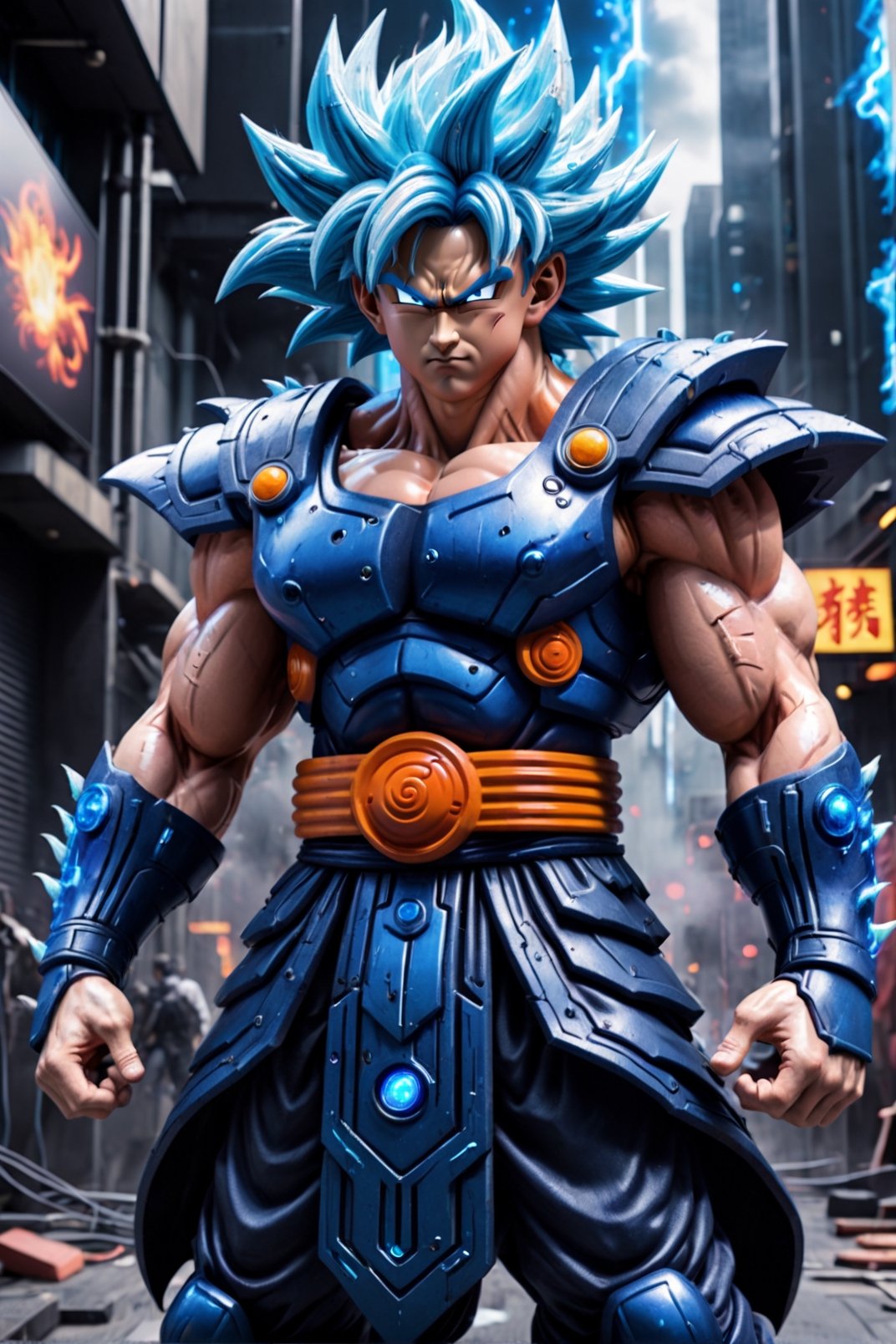 Super detailed live-action Dragon Ball Goku, strong exaggerated body, surrounded by blue energy, wearing armor, cyberpunk city, movie environment.