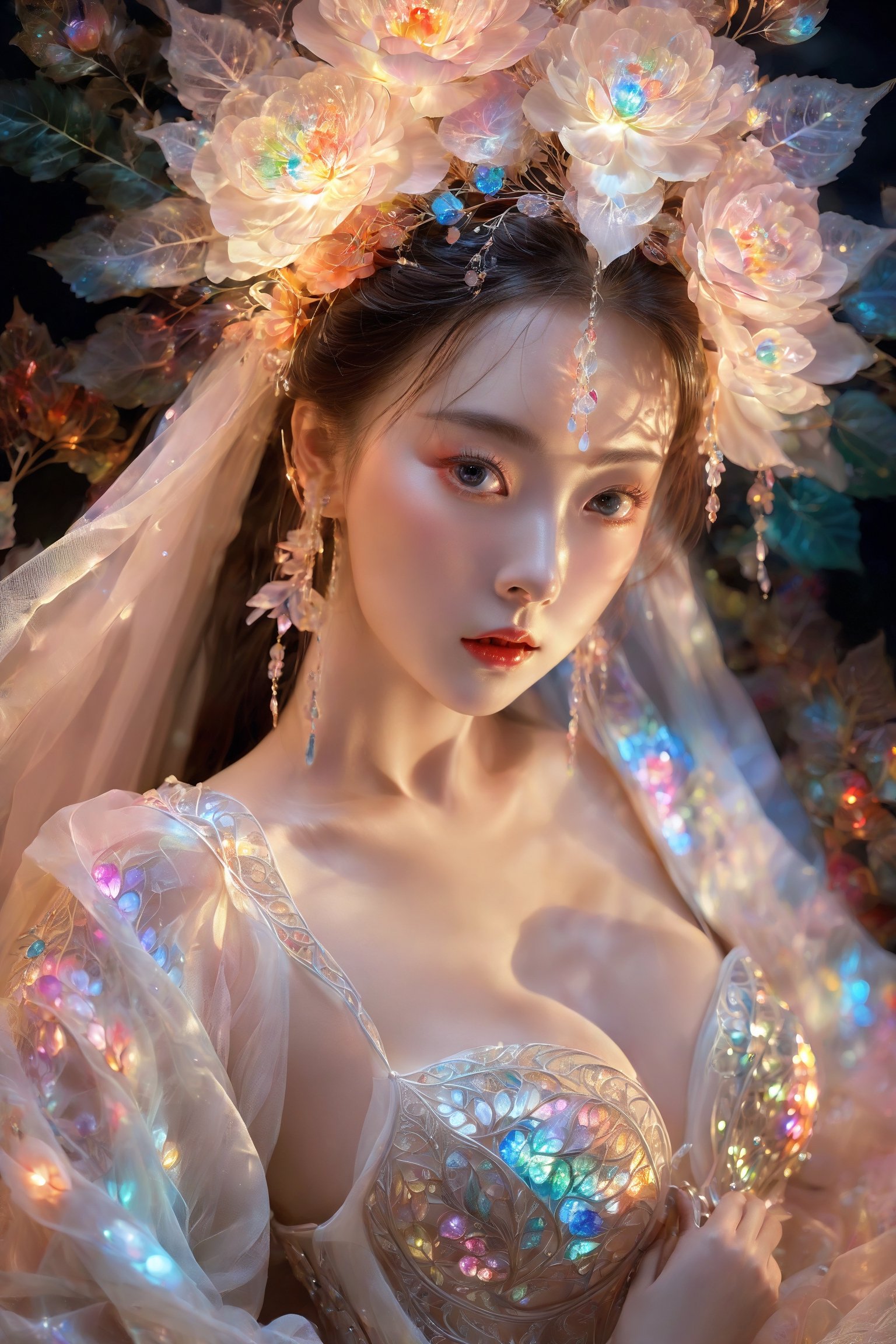 (Masterpiece, Top Quality, Best Quality, Official Art, Beauty and Aesthetic: 1.2), (1girl), Extremely Detailed, (Abstract, Fractal Art: 1.3), Supreme Detailed, Detailed Eyes, Colorful Light Particles, Hanfu, Colorful jewelry, sexy, (nsfw),