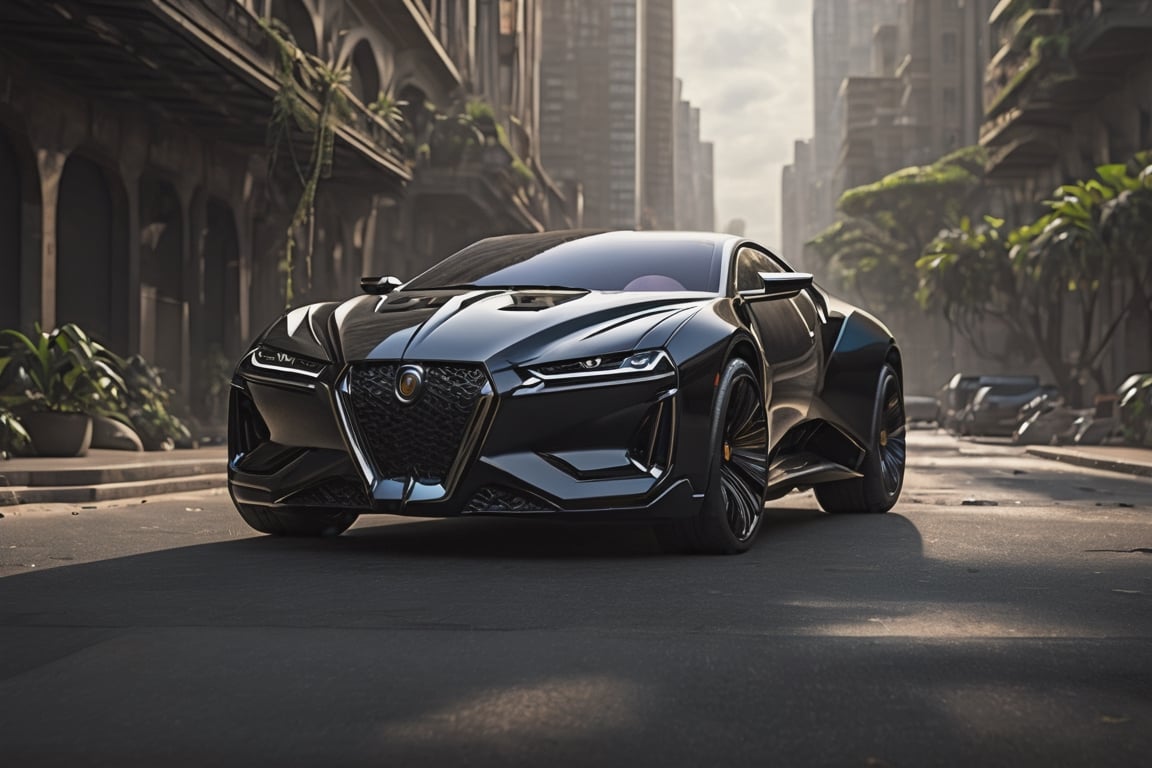 Imagine Black Panther transformed into a sleek and formidable car,  its body coated in vibranium-like armor,  exuding an a...