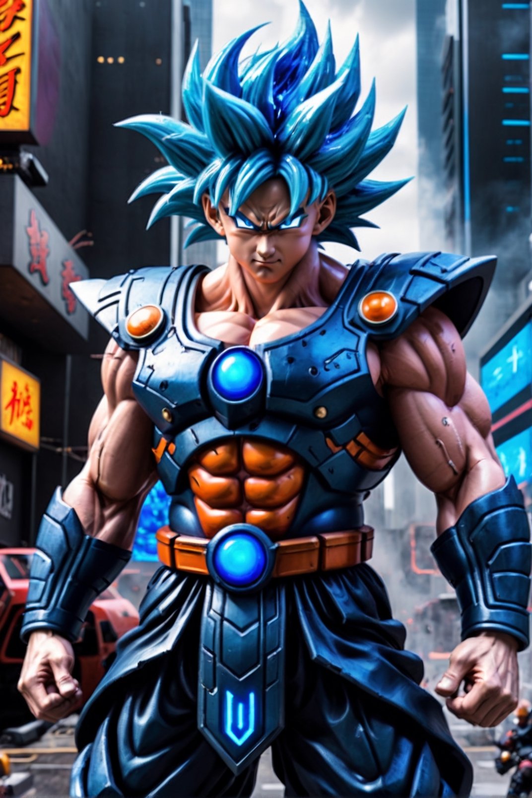 Super detailed live-action Dragon Ball Goku, strong exaggerated body, surrounded by blue energy, wearing armor, cyberpunk city, movie environment.