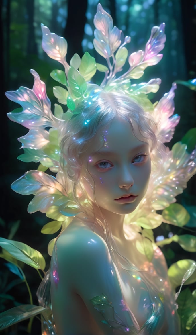 fairy nude girl realistic artwork high detailed professional upper body photo of a transparent porcelain cute creature loo...