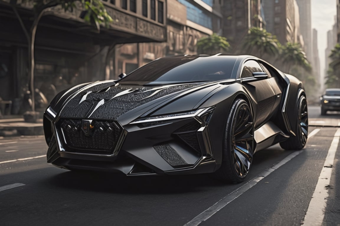 Imagine Black Panther transformed into a sleek and formidable car,  its body coated in vibranium-like armor,  exuding an a...