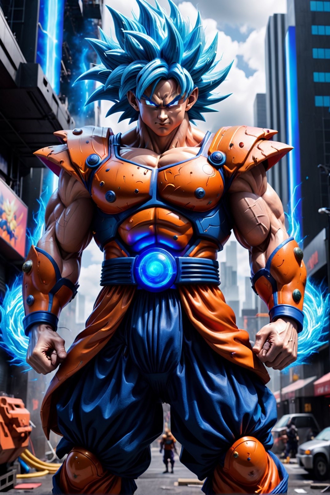 Super detailed live-action Dragon Ball Goku, strong exaggerated body, surrounded by blue energy, wearing armor, cyberpunk city, movie environment.