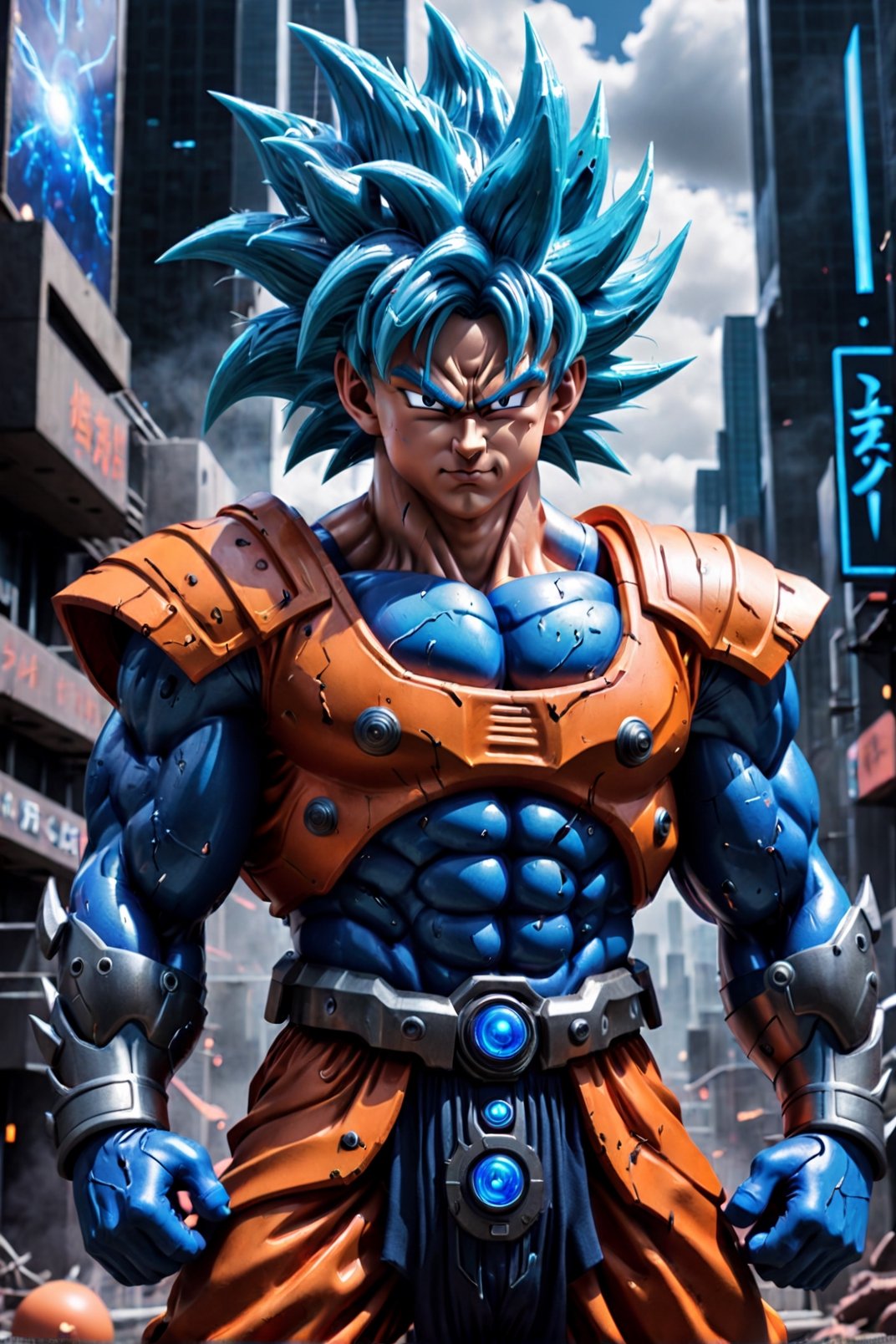 Super detailed live-action Dragon Ball Goku, strong exaggerated body, surrounded by blue energy, wearing armor, cyberpunk city, movie environment.