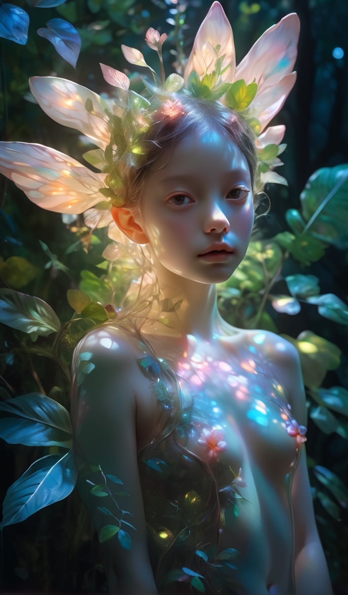 fairy nude girl realistic artwork high detailed professional upper body photo of a transparent porcelain cute creature loo...