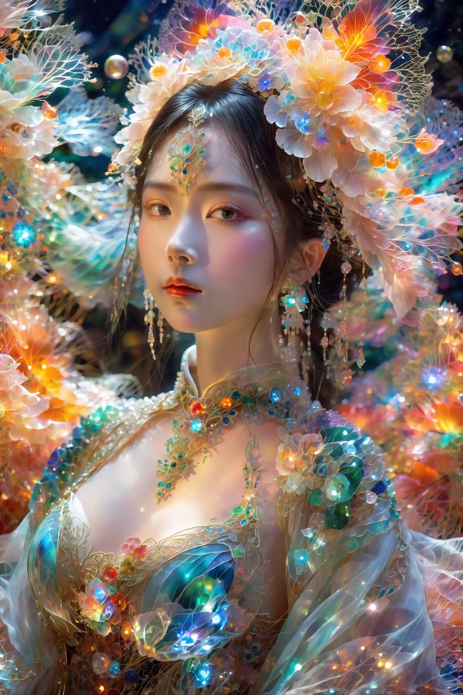 (Masterpiece, Top Quality, Best Quality, Official Art, Beauty and Aesthetic: 1.2), (1girl), Extremely Detailed, (Abstract, Fractal Art: 1.3), Supreme Detailed, Detailed Eyes, Colorful Light Particles, Hanfu, Colorful jewelry, sexy, (nsfw),