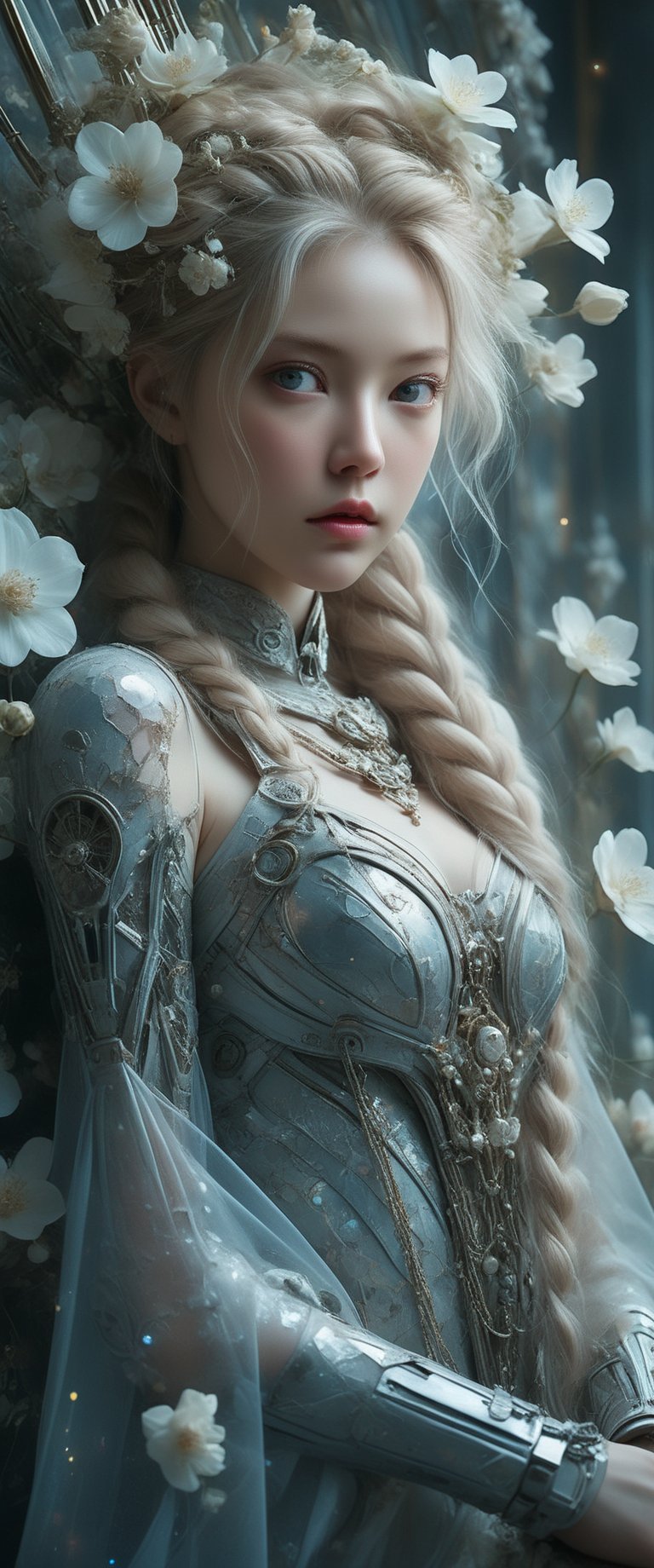 breathtaking ethereal RAW photo of female (A close-up portrait of an albino woman with pastel tones, depicted in a futuristic style. She has an intricate, elaborate hairstyle with multiple braids adorned with pearls and flowers, but with a modern twist. Her hair is white, and she has blue eyes with light freckles on her face. She is dressed in an opulent, high-tech outfit with metallic and holographic elements, and delicate jewelry with futuristic designs. The background is a sleek, high-tech interior with soft, ambient lighting that highlights the details of her attire and accessories. The overall aesthetic blends fantasy and science fiction, emphasizing intricate craftsmanship and a serene expression.

 )), dark and moody style, perfect face, outstretched perfect hands . masterpiece, professional, award-winning, intricate details, ultra high detailed, 64k, dramatic light, volumetric light, dynamic lighting, Epic, splash art .. ), by james jean $, roby dwi antono $, ross tran $. francis bacon $, michal mraz $, adrian ghenie $, petra cortright $, gerhard richter $, takato yamamoto $, ashley wood, tense atmospheric, , , , sooyaaa,IMGFIX,Comic Book-Style,Movie Aesthetic,action shot,photo r3al,bad quality image,oil painting, cinematic moviemaker style,Japan Vibes,H effect,koh_yunjung ,koh_yunjung,kwon-nara,sooyaaa,colorful,bones,skulls,armor,han-hyoju-xl
,DonMn1ghtm4reXL, ct-fujiii,ct-jeniiii, ct-goeuun,mad-cyberspace,FuturEvoLab-mecha,cinematic_grain_of_film,a frame of a animated film of,score_9,3D,style akirafilm,Wellington22A