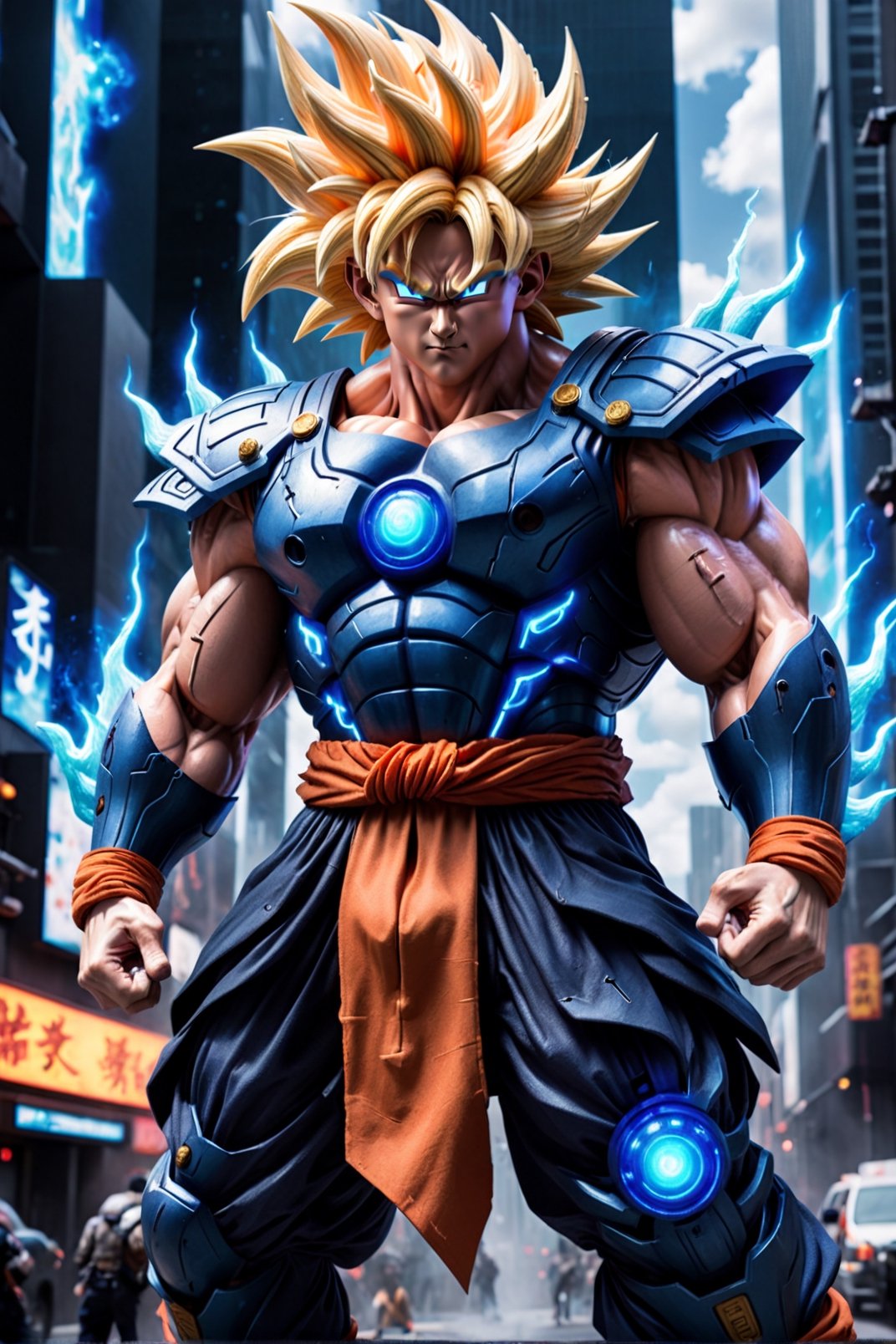 Super detailed live-action Dragon Ball Goku, strong exaggerated body, surrounded by blue energy, wearing armor, cyberpunk city, movie environment.