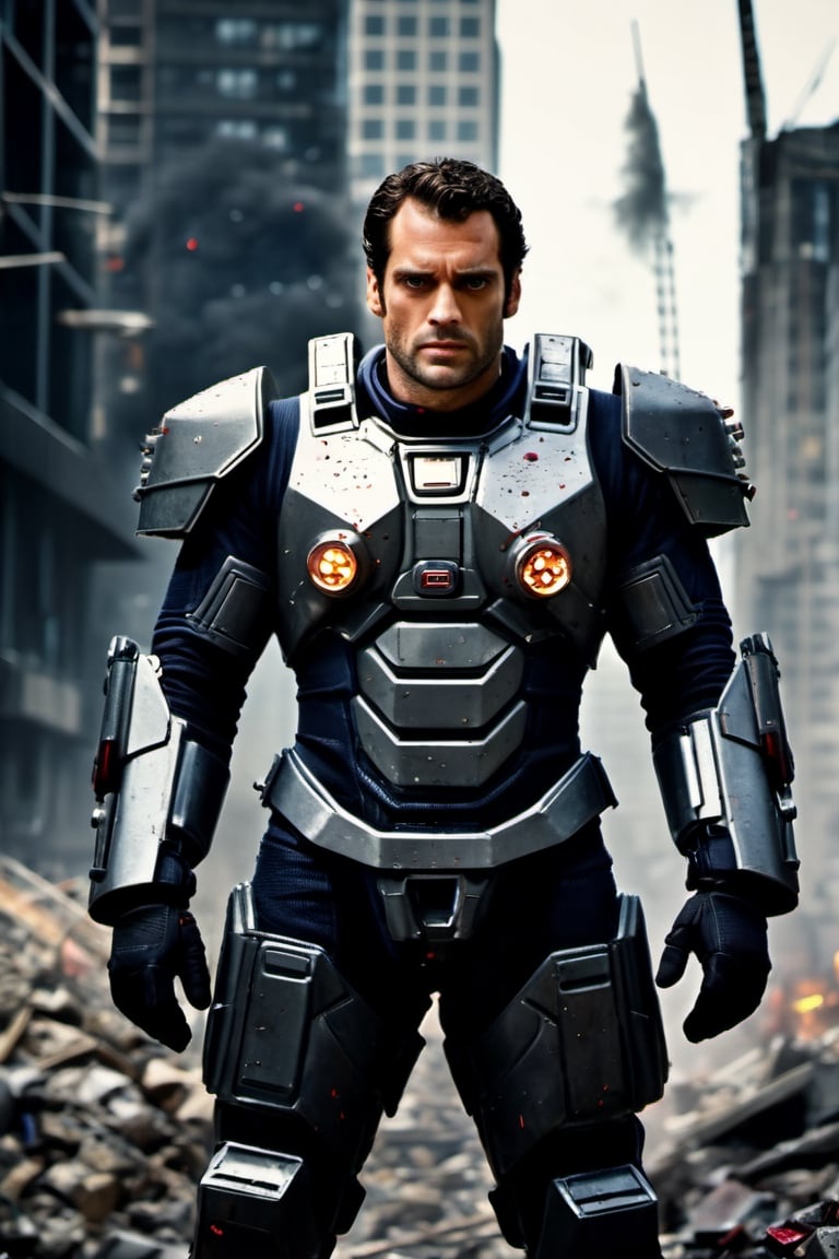 cinematic film still, darkly moody professional photograph, (man in intricately detailed heavy duty mech suit, pistons, armor plating, heavy weapons:1.4) , black hair, stubble, grim expression, (dirty face:1.4), (henry cavill|hugh jackman:1.3), (sweaty, dirty, filthy, dried blood:1.3), (explosions, ruined futuristic city, fighting everywhere, rubble, scorch marks, bullet holes:1.5), dynamic angle, professional, moody cinematic lighting, highly detailed, high budget, bokeh, cinemascope, moody, epic, gorgeous,