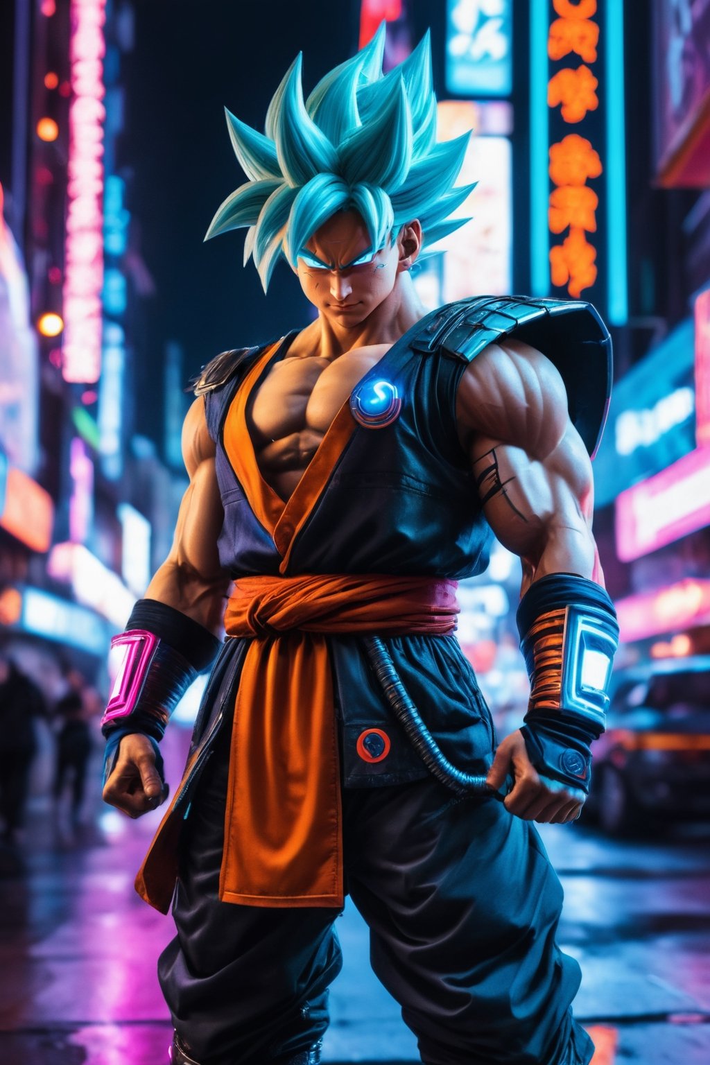 Dragon Ball Goku, strong, wearing armor, cyberpunk city, under neon lights.