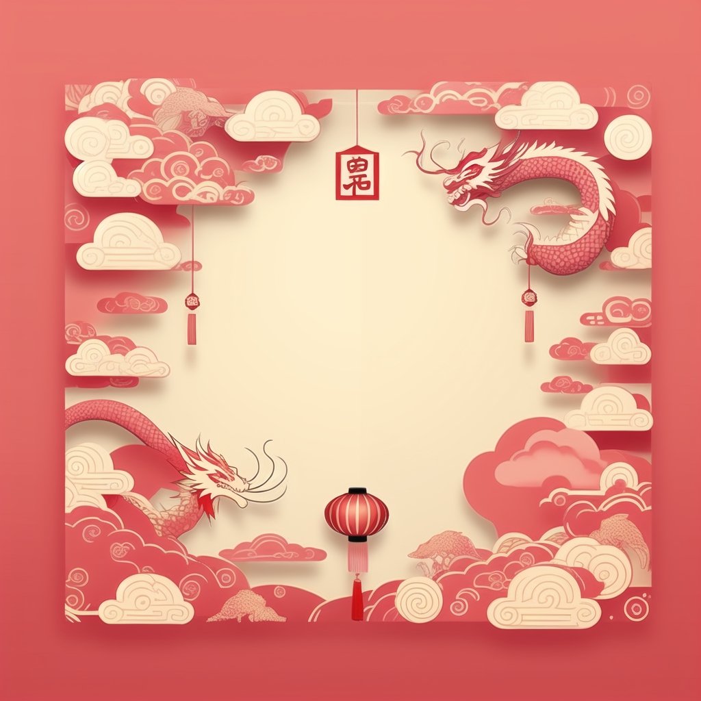 Empty Chinese New Year greeting card template, red background with pastel theme, light yellow paper with light pink pattern in the middle, 1 oriental dragon, Chinese cirrus clouds, small red lanterns, no words